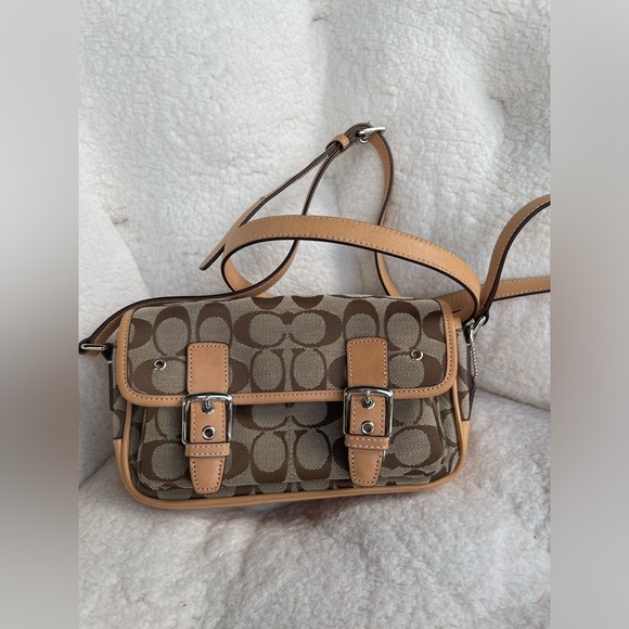 Coach Handbags - Coach Tan and Brown Coach Shoulder Bag Signature Canvas Beige Leather 6844